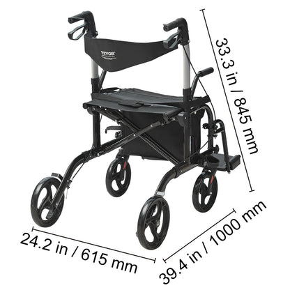 VEVOR 2-in-1 Rollator Walker & Transport Chair – Folding Aluminum Mobility Walker and Wheelchair Combo for Seniors