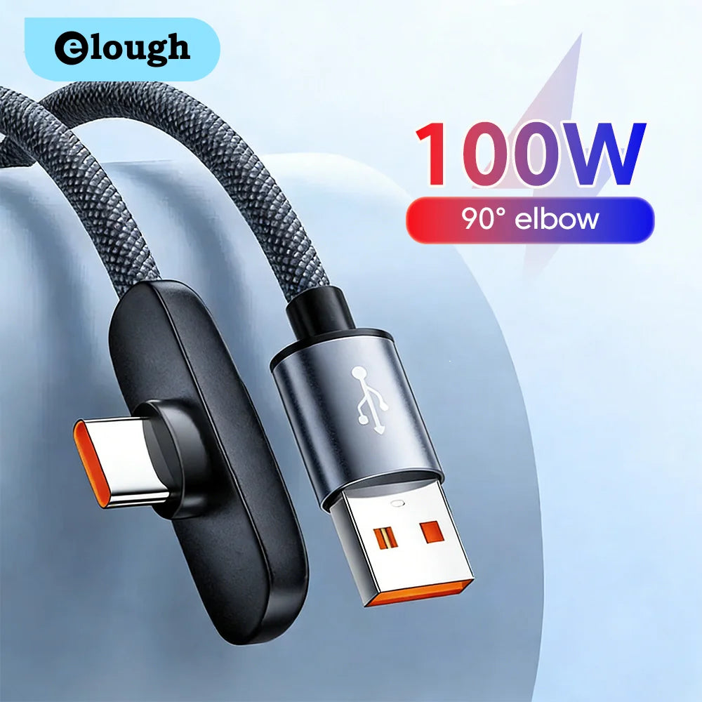 100W USB-C Fast Charging Cable - 90° Elbow PD Data & Gaming Cable for Samsung, Huawei, POCO & Realme