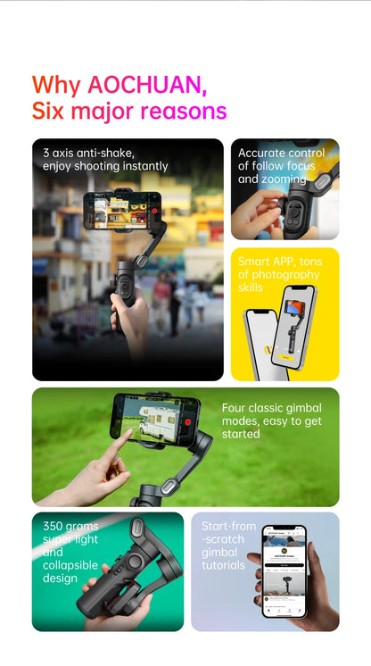 AOCHUAN 3-Axis Handheld Gimbal Stabilizer – SmartXE for iPhone & Android with AI Face Tracking for TikTok & Vlog
