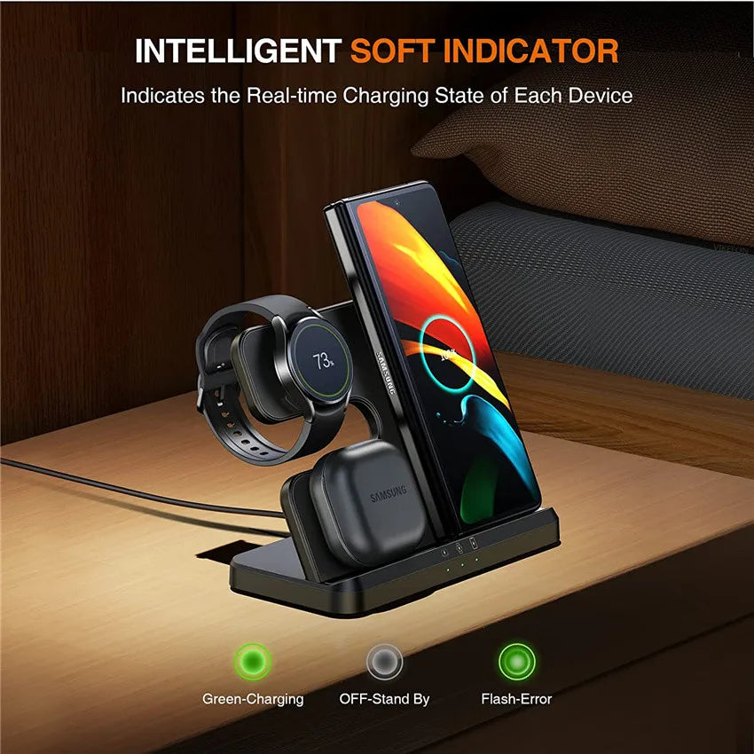 15W 3-In-1 Wireless Charger Stand: Fast Charging Dock Station for Samsung Z Fold 3, S21, S20, Galaxy Watch 5/4/3, Active 2, S3, S4, Buds