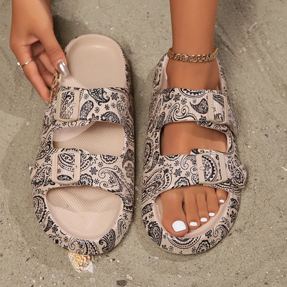Summer Vacation Women's Slippers – Adjustable Double-Buckle Pillow Platform Sandals for Beach & Travel