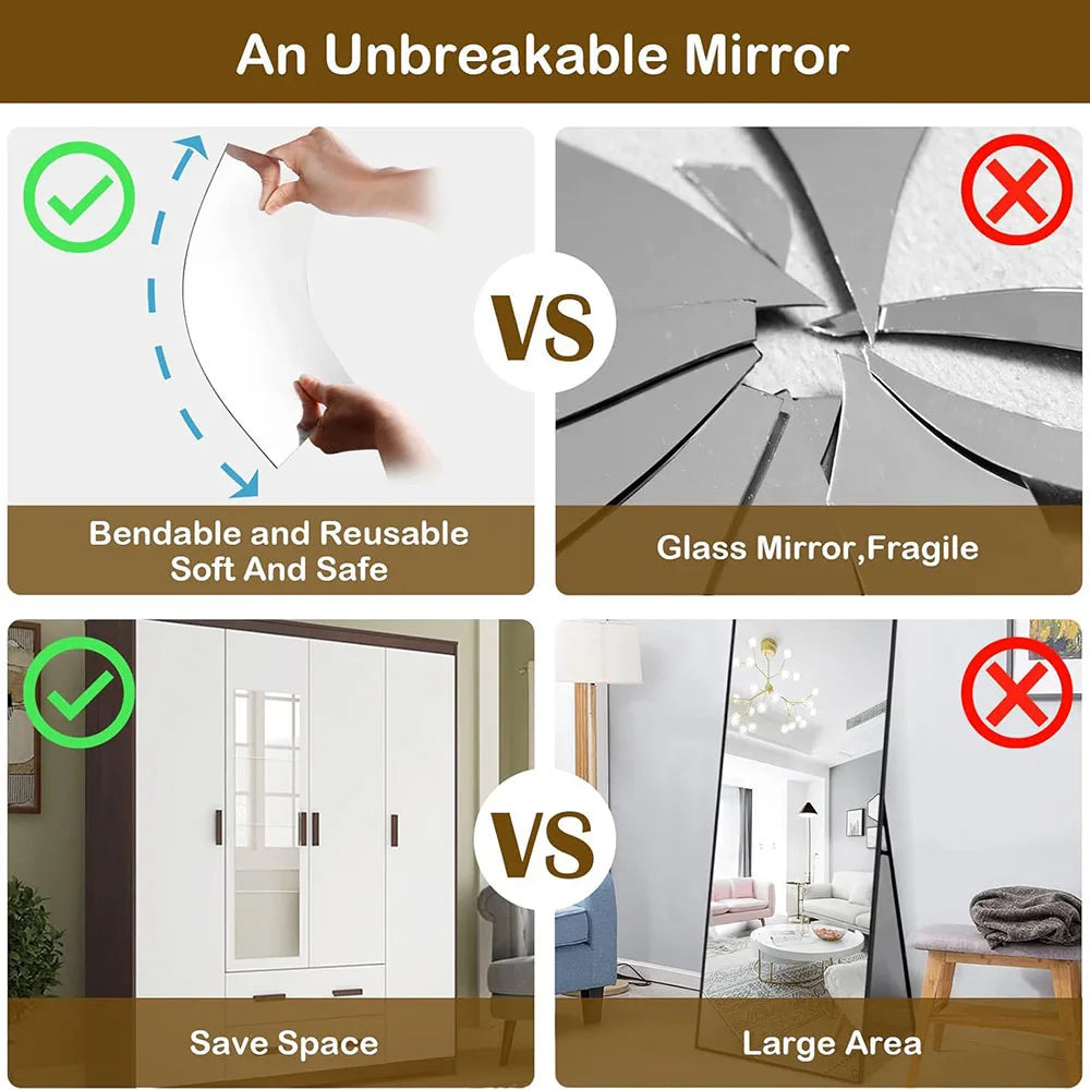 Full-Length Acrylic Door Mirror Tiles – Wall-Mounted, Non-Glass Safety Mirror for Kids Playroom, Gym, Dorm Use
