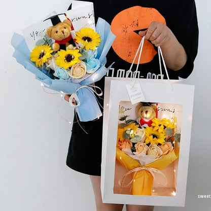 DIY Simulated Flower Bouquet – Crochet Sunflower Finished Product, Graduation, Doctoral, Valentine’s Day & Birthday Gift with Bear