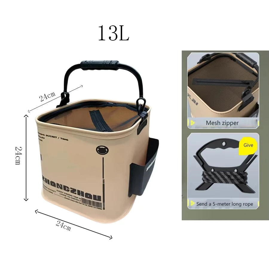8L/13L Folding Fishing Bucket – Multifunction Waterproof Outdoor Camping Bucket with Ergonomic Handle