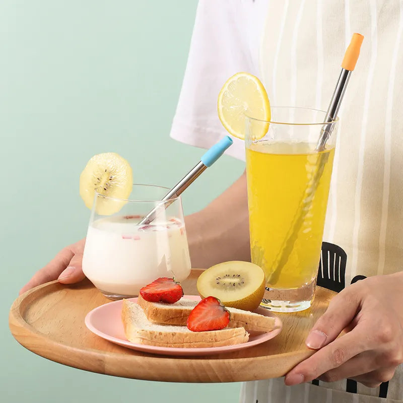 Telescopic Stainless Steel Reusable Drinking Straws - Folding Straw Set with Case and Cleaning Brush - Camping and Travel Straw
