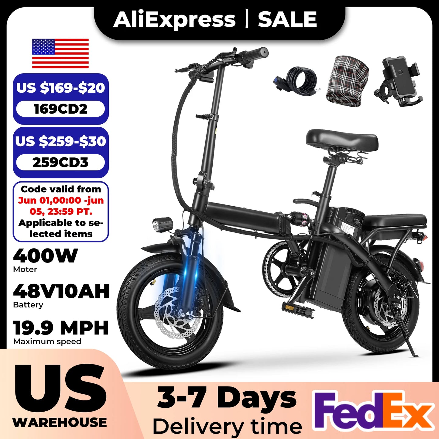 400W Foldable Electric Bike for Adults — 14" Wheels, Dual Disc Brakes, Seat & Basket, 48V 10.4Ah, 22-Mile Range, 20MPH E-Bike