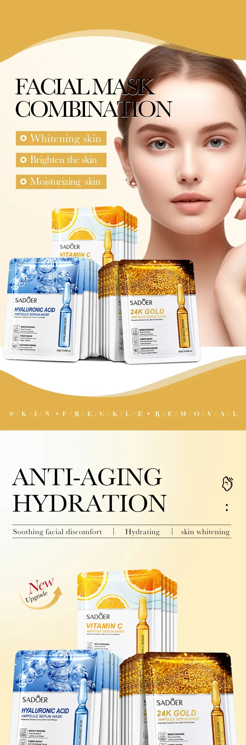 15pcs 24K Gold Hyaluronic Acid Face Mask, Firming, Moisturizing, Anti-Wrinkle, Whitening Skin Care Masks