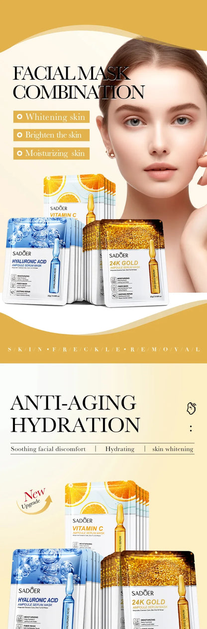 15pcs 24K Gold Hyaluronic Acid Face Mask, Firming, Moisturizing, Anti-Wrinkle, Whitening Skin Care Masks