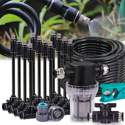 3/8" Misting Cooling System Kit – 360° 0.6mm Nozzle Atomizer with PE Tubing & 80 Mesh Filter for Garden Irrigation Watering