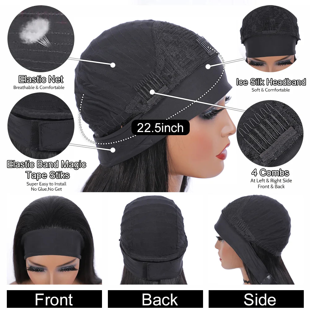 Headband Wig – 180% Density Bone Straight Peruvian Human Hair Wig for Black Women, Full Machine Made