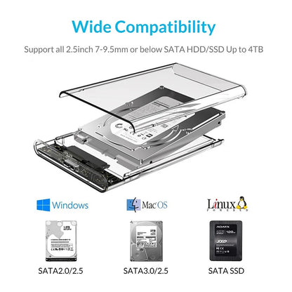 USB 3.0 Type-C to SATA III HDD SSD Enclosure for 2.5 Inch Hard Drive - External Storage Case with UASP Support