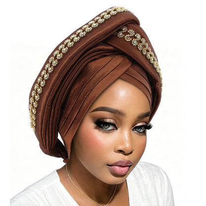 Luxury Diamond African Turban Headtie - Nigerian Auto Gele Head Wrap for Women, Wedding & Party Headpiece