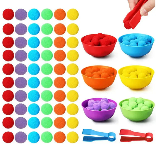 Children’s Counting & Sorting Toy – Rainbow Pom-Poms with Plastic Bowls and Tweezers for Fine Motor Skill Development