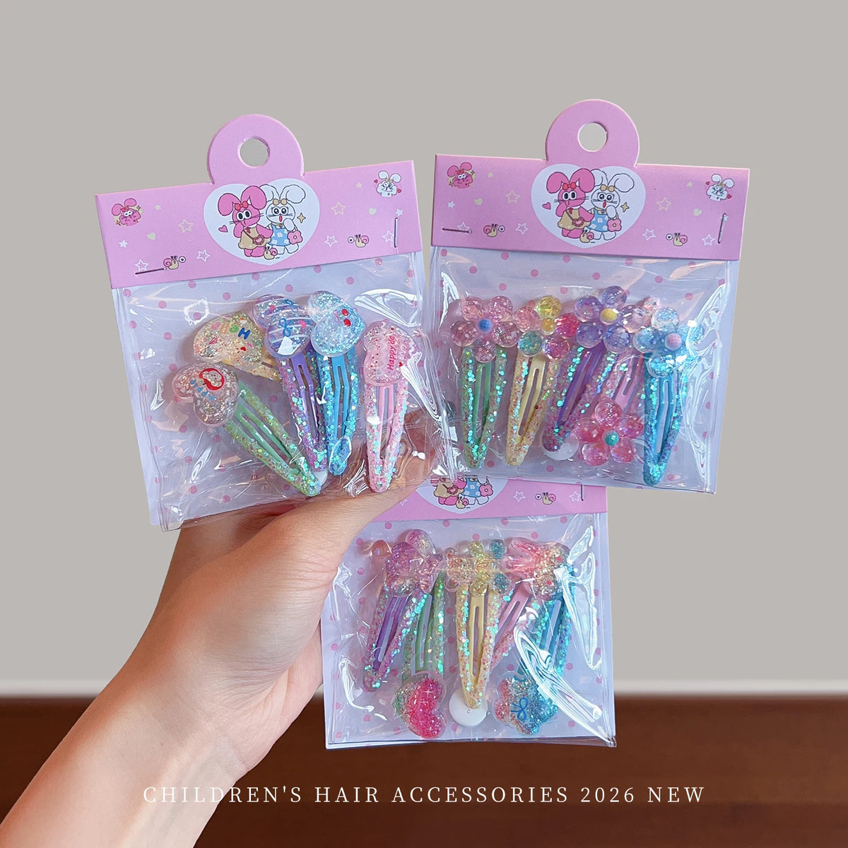 5-Piece Glitter Cartoon Hair Clip Set - Cute Sequin Star and Rabbit BB Clips for Baby Girls and Toddlers