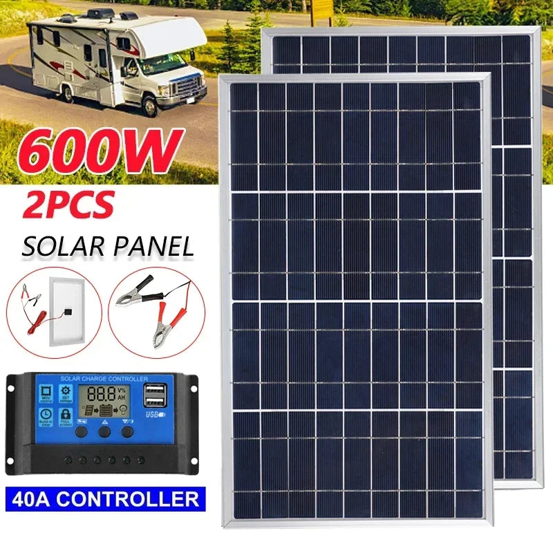 300W/600W Solar Panel Kit - Complete 12V Polycrystalline USB Power, Portable Outdoor Rechargeable Solar Cell Generator