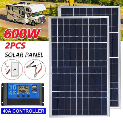 300W/600W Solar Panel Kit - Complete 12V Polycrystalline USB Power, Portable Outdoor Rechargeable Solar Cell Generator