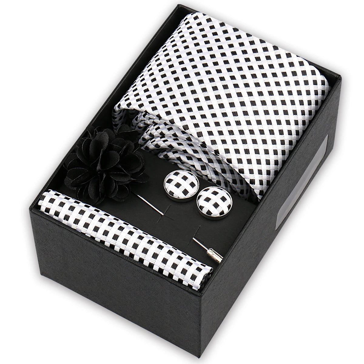 Men’s 4-Piece Tie Set Gift Box - Elegant Necktie with Handkerchief, Cufflinks & Brooch for Business, Wedding & Suit Accessories