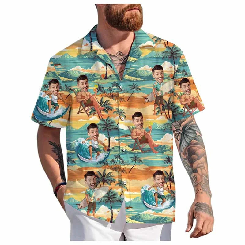 Custom Face Hawaiian Shirt - Personalized 3D Printed Unisex Beach Button-Up Short Sleeve Top