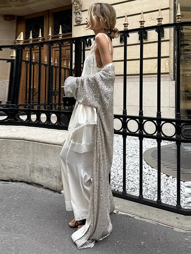 Women’s Sparkly Sequin Maxi Coat – Luxury Open Front Long Sleeve Outerwear