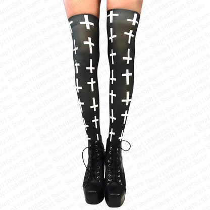 Y2K Cross Print Knee High Socks - Harajuku Retro Emo Style Long Socks for Cosplay, Kawaii Casual Fashion