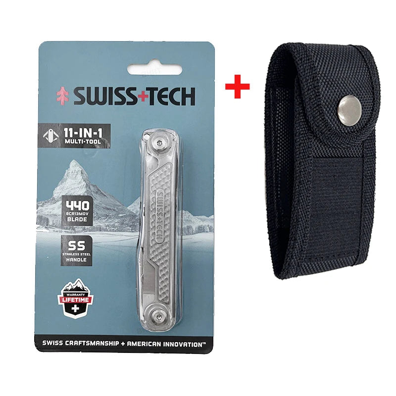 SWISS TECH 11-in-1 Mini Multitool - Folding EDC Camping Tool with Scissors, Screwdriver & Clip