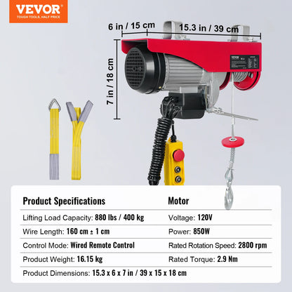 VEVOR 200–800kg Electric Hoist – Cable Winch Lifting Crane with Wired/Wireless Remote for Boat, Car, Garage & Elevator