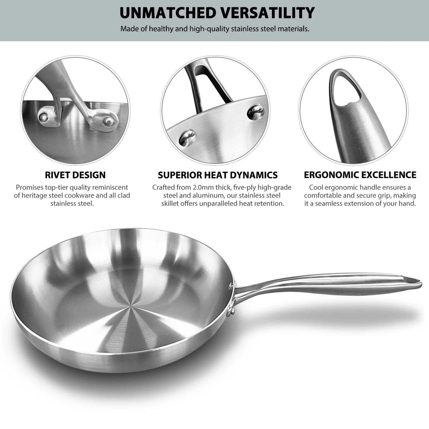 304 Stainless Steel Non-Stick Frying Pan - Uncoated Steak Cookware for Gas Stove and Induction Cooker