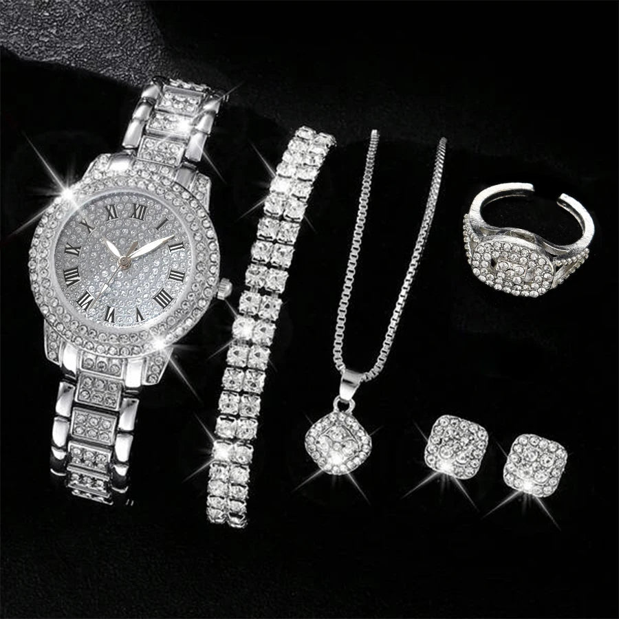 6PCS Women's Elegant Crystal Watch Set – Luxury Alloy Quartz Wristwatches with Rhinestone Bracelet, Perfect Gift for Ladies