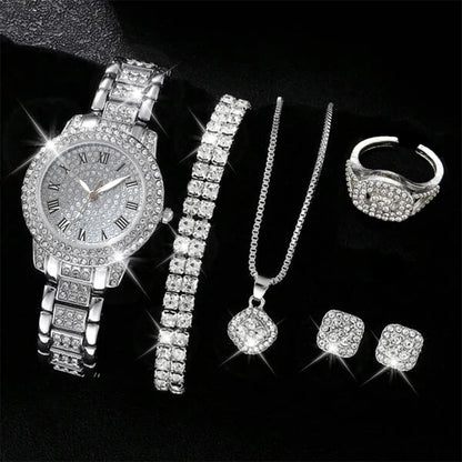 6PCS Women's Elegant Crystal Watch Set – Luxury Alloy Quartz Wristwatches with Rhinestone Bracelet, Perfect Gift for Ladies