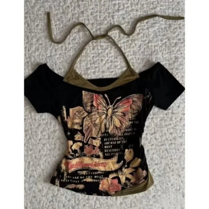 Y2K Women’s Gothic Grunge Crop Top – Vintage Punk Print Slim Fit Streetwear T-Shirt 2000s Retro Style