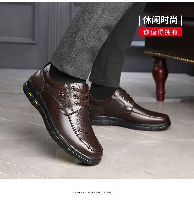 Men's Genuine Leather Casual Shoes - Soft Sole Lace-Up Loafers, Luxury Brand for Middle-Aged & Older Adults, Lightweight Dad Shoes