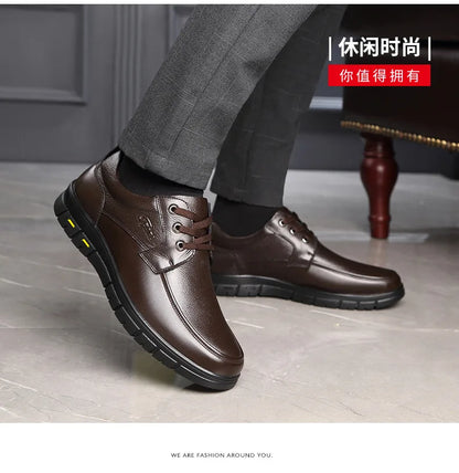 Men's Genuine Leather Casual Shoes - Soft Sole Lace-Up Loafers, Luxury Brand for Middle-Aged & Older Adults, Lightweight Dad Shoes