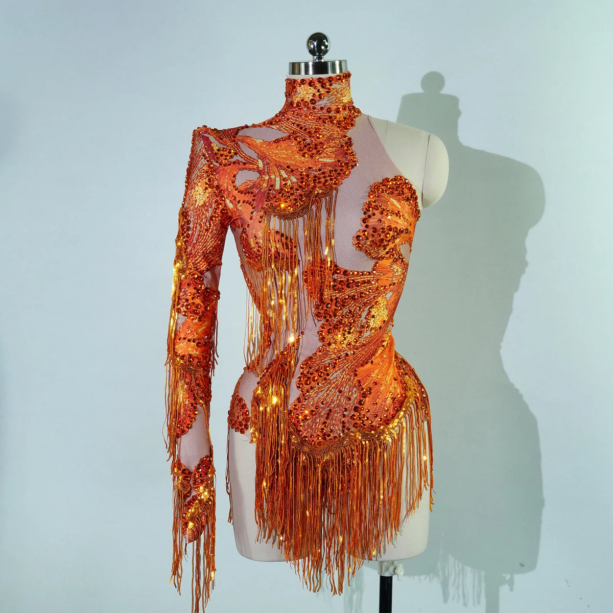 Sparkly Rhinestone Sequin One-Shoulder Bodysuit - Fringe Stage Party & Dance Performance Outfit