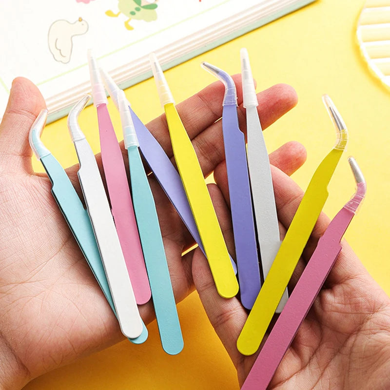Stainless Steel Eyelash Tweezers Set – Straight & Curved Colorful Pink Blue Purple Tools for DIY Lash, Nail Art & Rhinestone Picking