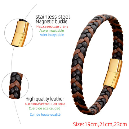 Classic Stainless Steel Leather Bracelet - Braided Couple Bangle Jewelry Gift for Women and Men