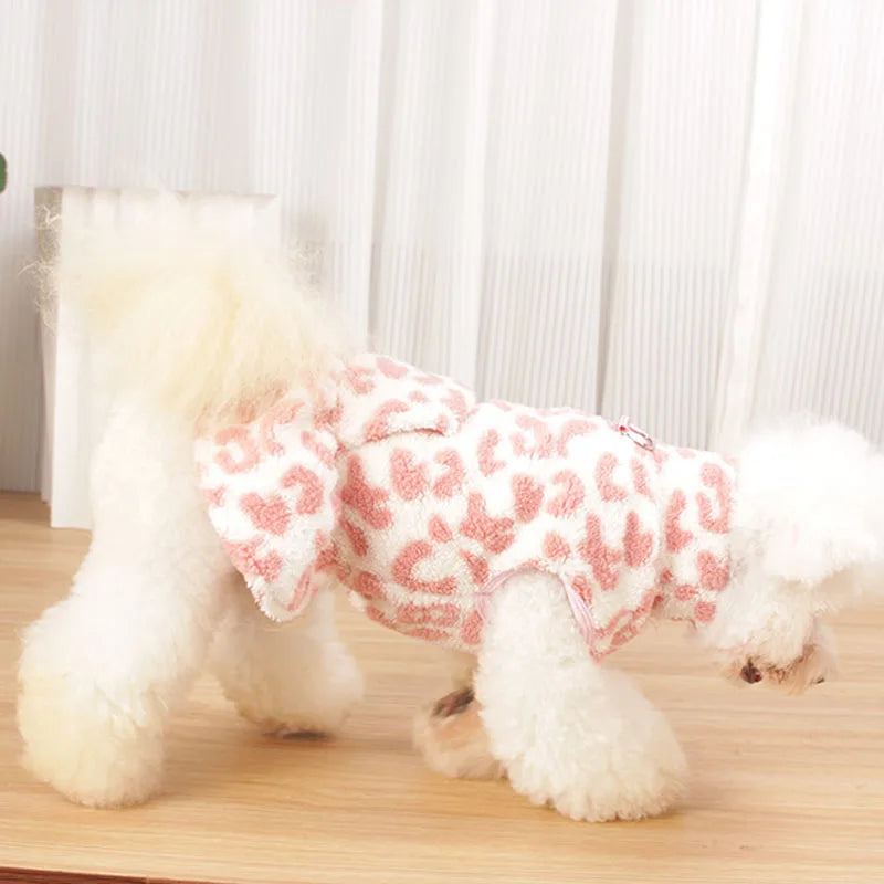 Leopard Print Dog Dress Coat – Winter Fleece Pullover Hoodie & Sleeveless Vest for Small Dogs, Chihuahua Puppy Skirt