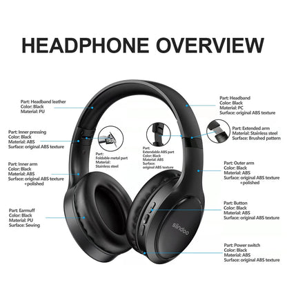Siindoo JH-919 Wireless Bluetooth Headphones - Foldable Stereo Earphones with Super Bass, Noise Reduction, and Mic for iPhone, Laptop, PC, TV
