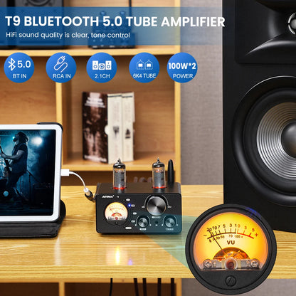 AIYIMA Audio T9 HiFi Bluetooth 5.0 Vacuum Tube Amplifier – USB DAC, COAX, OPT, VU Meter Stereo Amplifier for Speakers