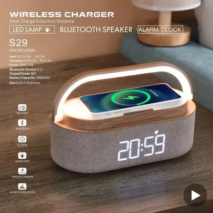 Portable Bluetooth Speaker with Wireless Charging — FM Radio, Alarm Clock, Music Sound Box, Night Light & Charger Lamp