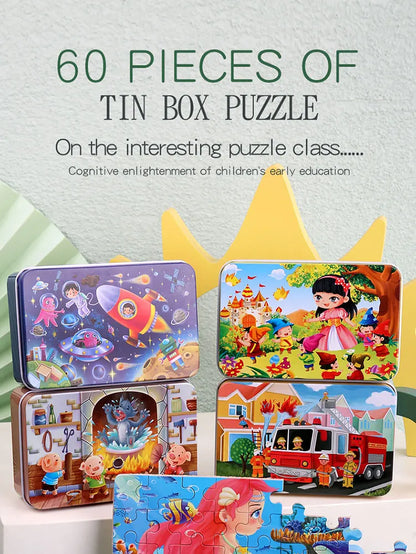 60PCS Cartoon Jigsaw Puzzle with Metal Box – Kids Educational Animal & Vehicle Puzzle Game
