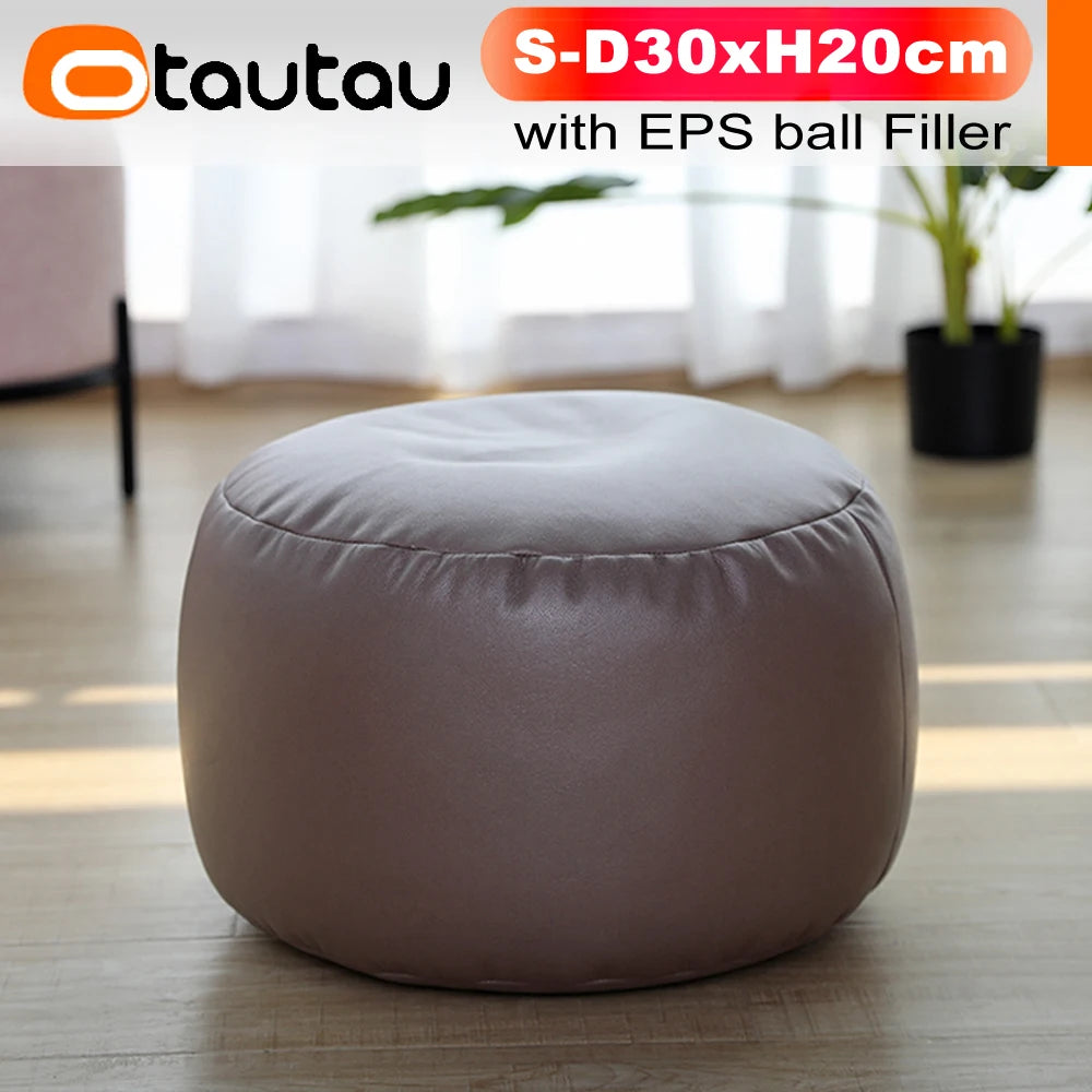 OTAUTAU Small Round Faux Leather Ottoman Stool – Beanbag Pouf Footstool, Floor Seat & Footrest JD004