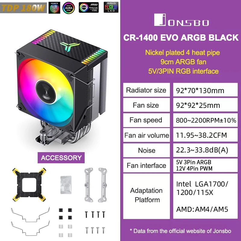 JONSBO CR1400 EVO ARGB CPU Cooler — 4 Heat Pipe PWM Air Cooler for Intel LGA1700/1200/115X & AMD AM4/AM5