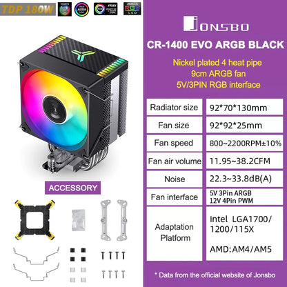 JONSBO CR1400 EVO ARGB CPU Cooler — 4 Heat Pipe PWM Air Cooler for Intel LGA1700/1200/115X & AMD AM4/AM5