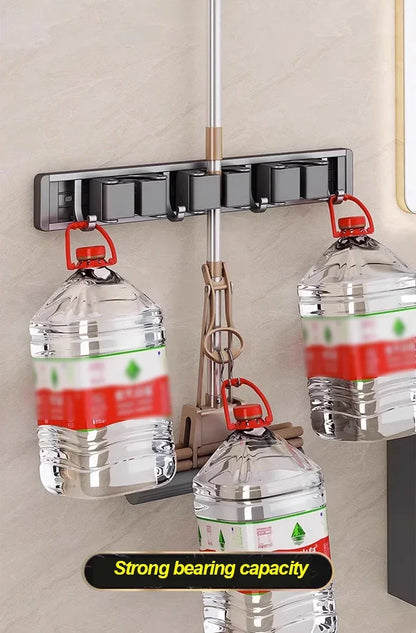 Wall-Mounted Mop & Broom Organizer — Strong Mop Holder Rack with 5 Hooks for Hanging Brooms and Cleaning Tools