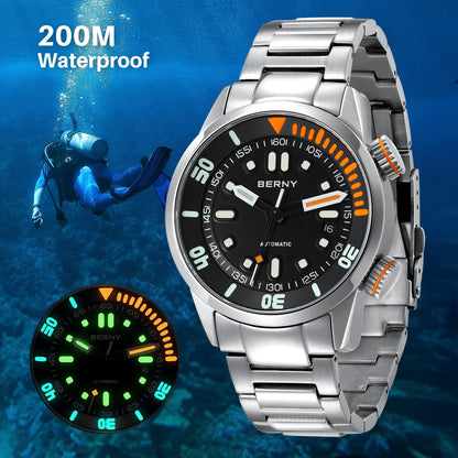 BERNY Automatic Men's Dive Watch – Super Luminous 20ATM Sapphire Wristwatch
