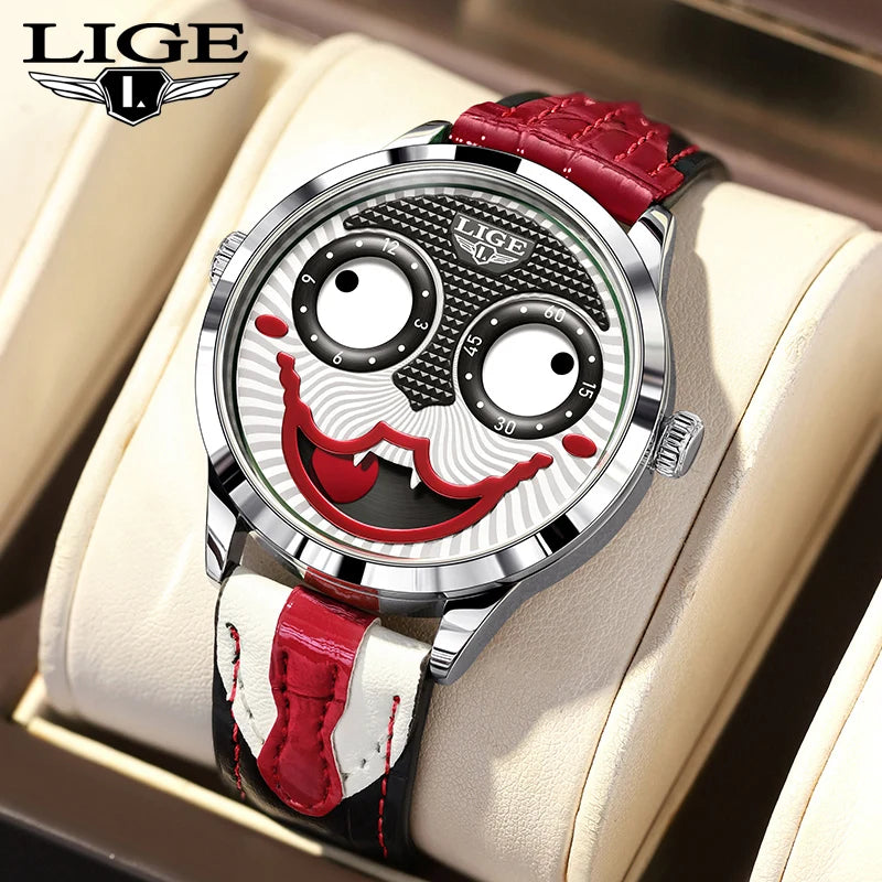 LIGE 2025 Men’s Creative Clown Quartz Watch – Waterproof Leather Strap Joker Fashion Wristwatch