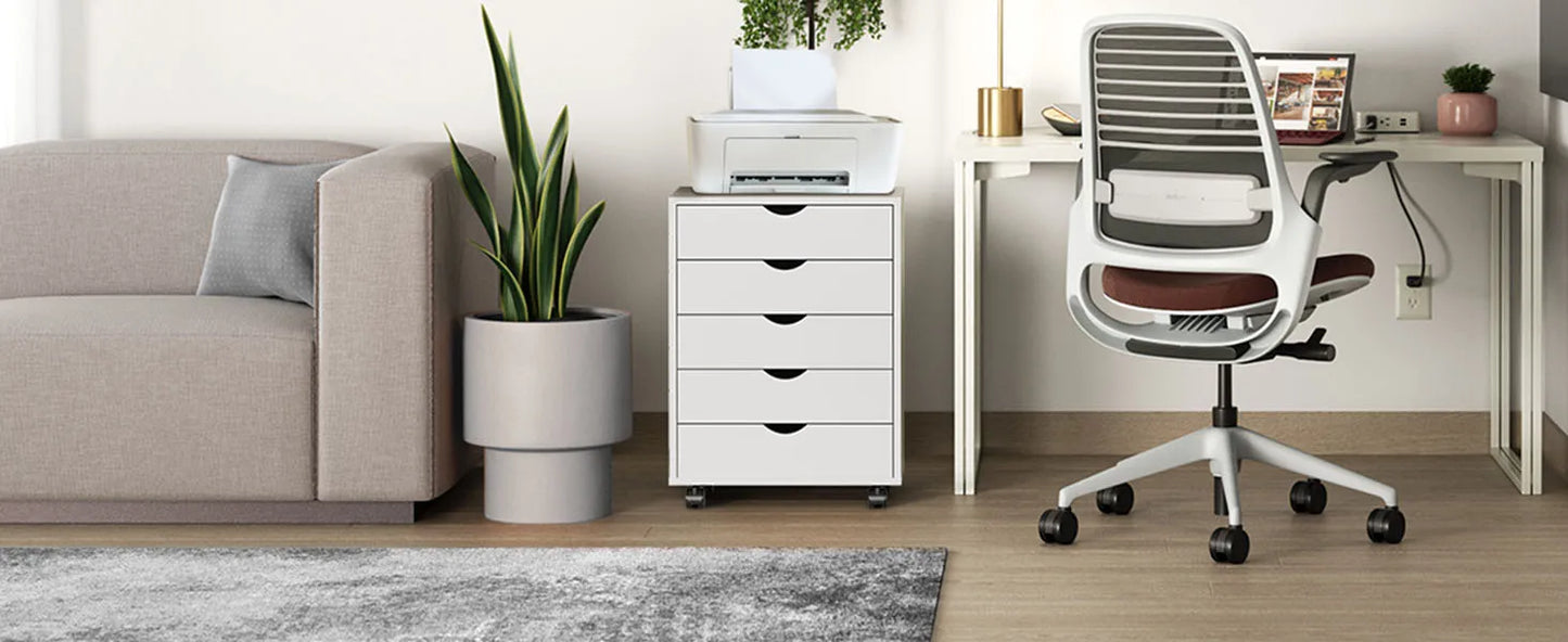 Wood Nightstand Cabinet with 5 Drawers – Waterproof Surface Storage Organizer with Rotating Wheels, Easy-Move Bedside Table for Office