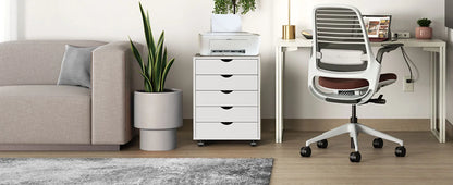 Wood Nightstand Cabinet with 5 Drawers – Waterproof Surface Storage Organizer with Rotating Wheels, Easy-Move Bedside Table for Office