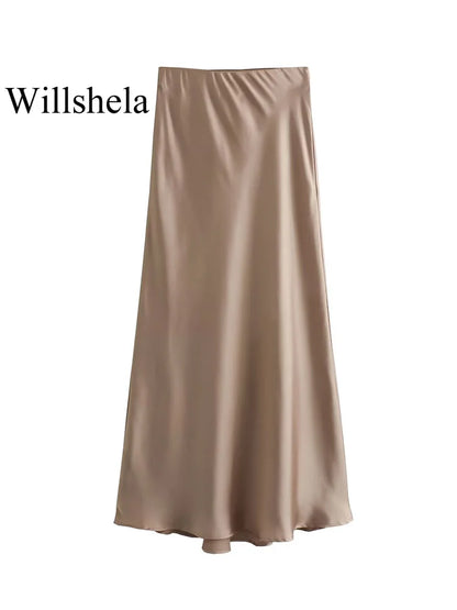 Willshela 2024 Women’s Black Satin High Waist Midi Skirt – Elegant Long Office & Summer Fashion Skirt for Women, Slim Fit Casual Wear