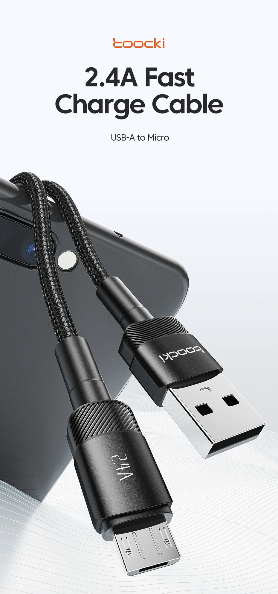 Toocki 2.4A Micro USB Cable – Fast Charging QC PD Data Cord for Samsung S6/S7, Redmi Note, Earphones, Fans
